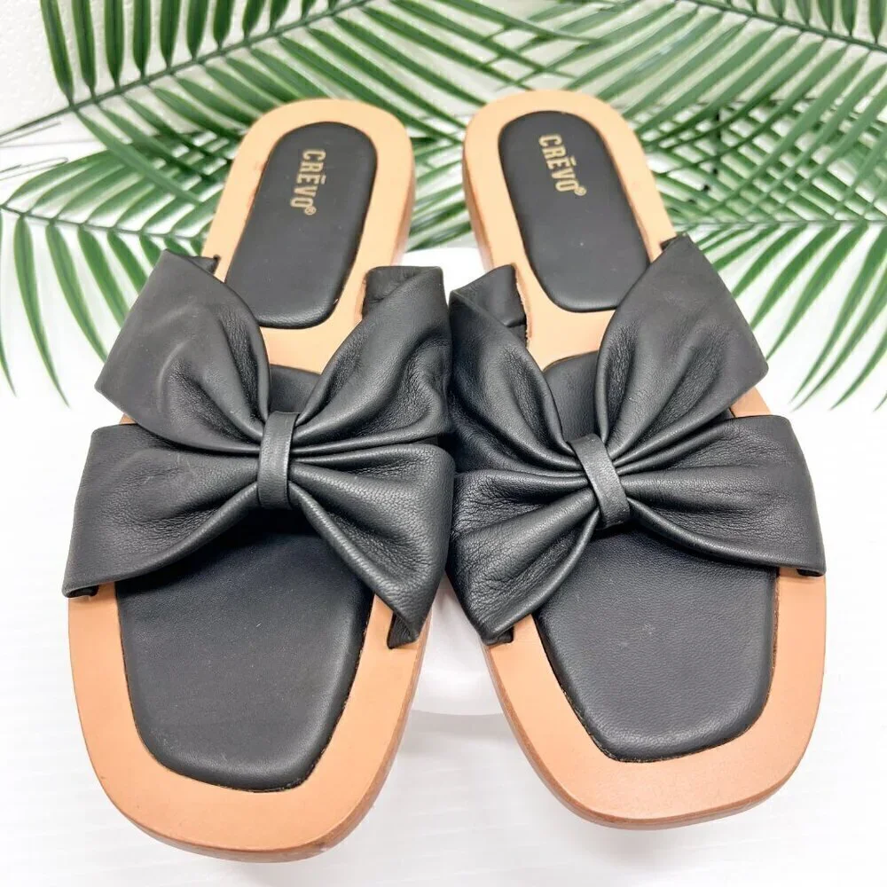 CREVO Kitty Bow Leather Slide Sandal Size 6 Black Square Open Toe Flats